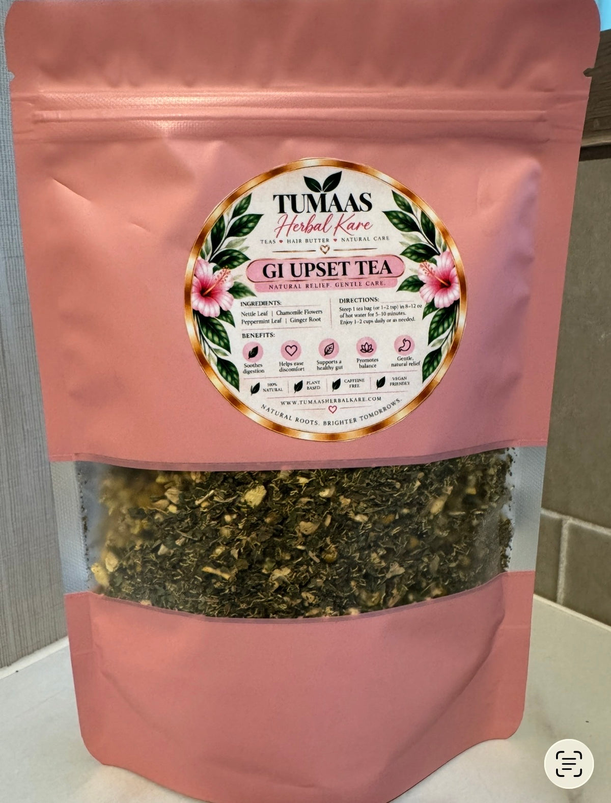 GI Upset Tea

Our GI Upset Tea is a soothing herbal blend featuring four traditional botanicals selected for their comforting flavor and aromatic qualities. This naturally caffeine-free blend combines nettle, chamomile, peppermint, and ginger for a refreshing and warming herbal tea.

Ingredients:

Nettle Leaf — Urtica dioica
Chamomile Flowers — Matricaria chamomilla
Peppermint Leaf — Mentha × piperita
Ginger Root — Zingiber officinale
Suggested Use

Steep 1 tea bag or 1 teaspoon of loose tea in 8–10 oz of h